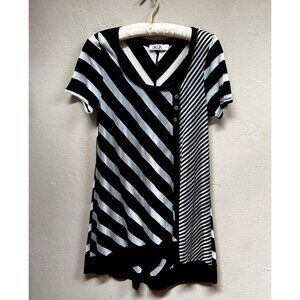 Deca Womens Scoop Neck Asymmetric Striped Shift Dress Size 1 Black Short Sleeve